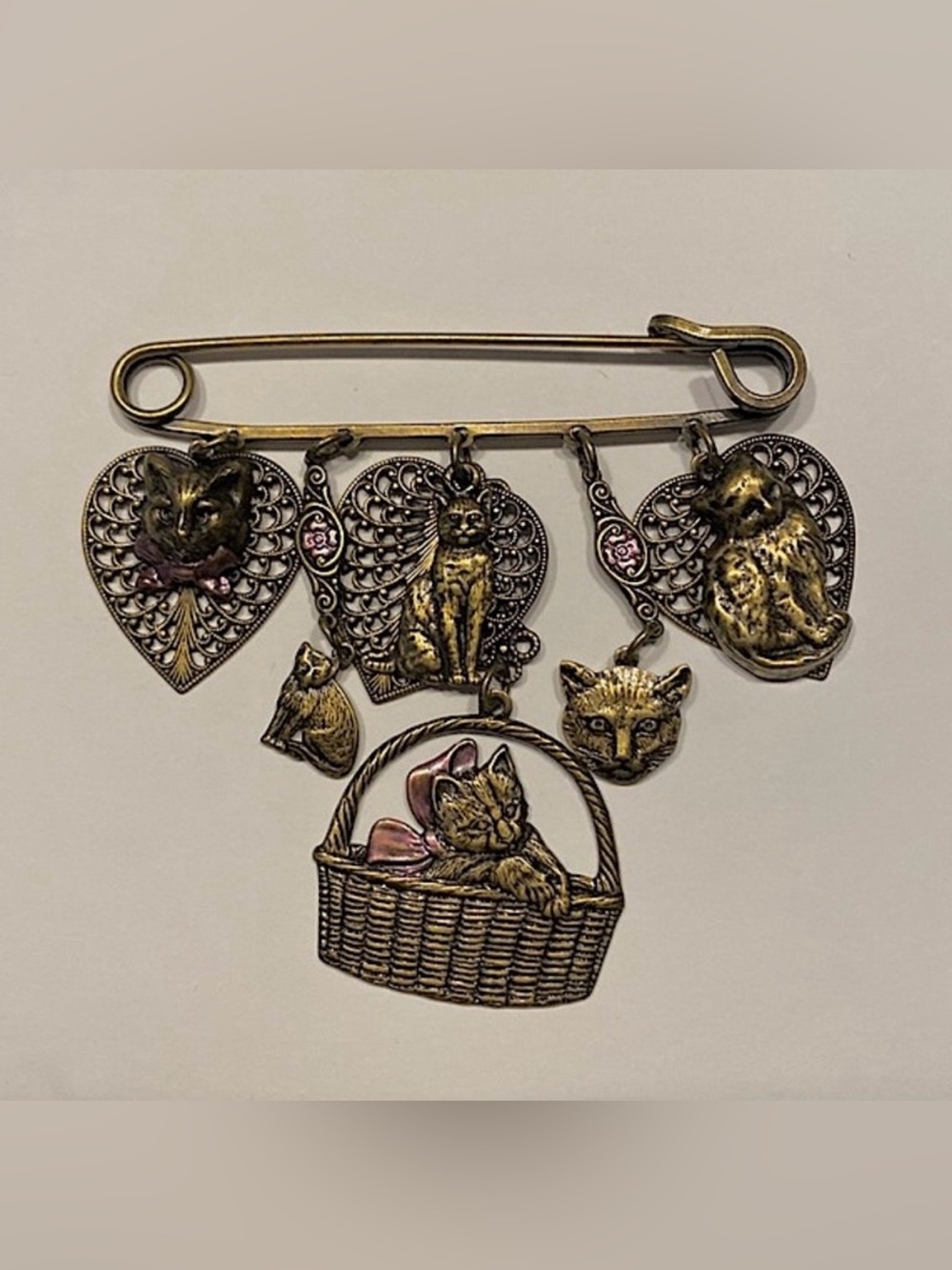Vintage Goldtone Metal Safety Pin Cat Charms Brooch